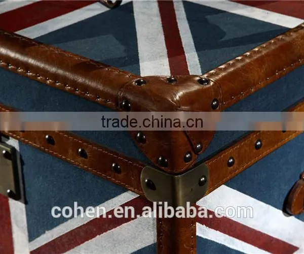 Europe Handmade Antique UK Flag Fabric and Leather Decorative Storage Trunk photo-6
