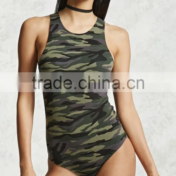 Adult Sexy Bodysuit Round Neckline Snap-button Closure Camo Print Bodysuit Thong photo-2