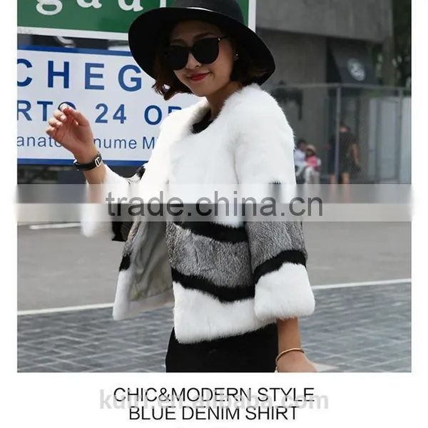 Trendy Rabbit Fur Coats For Women Winter Warm Natural Real Fur Coat Short Patchwork Strip Korean Style O-neck Jackets Customized photo-5