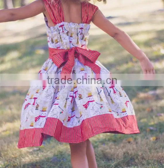 2017 Christmas Girl Party Dress Red Striped Snowman Printed Dress photo-5