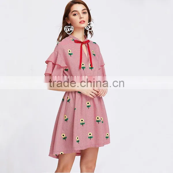 RED Flower Embroiedered and Ruffled Shoulder Women Cute Short Dress photo-4