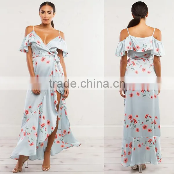 Mature Women Floral Wrap Dresses 2018 Cold Shoulder Frill Maxi Dress photo-3