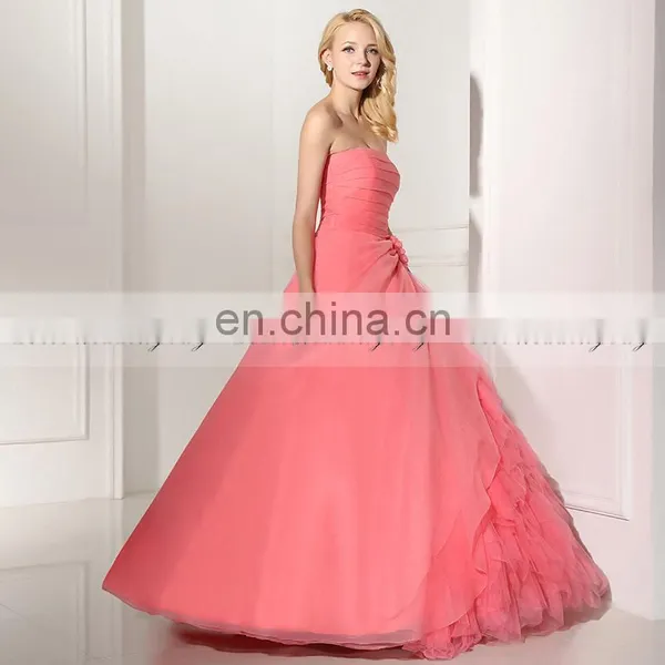 Gorgeous Strapless Sleeveless Lace-Up Organza Ruffles Coral Color Ball Gown Prom Dresses SD364 photo-4