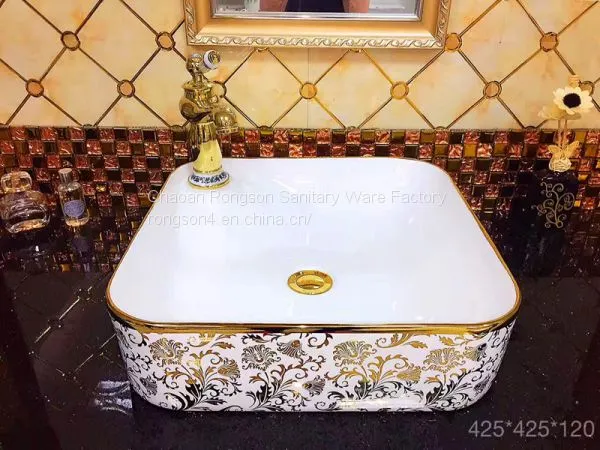 Hot Sale Ceramic Round Modern Luxury Golden Single Hole Wash Basin Price Bathroom Basin With Gold Decorative photo-2