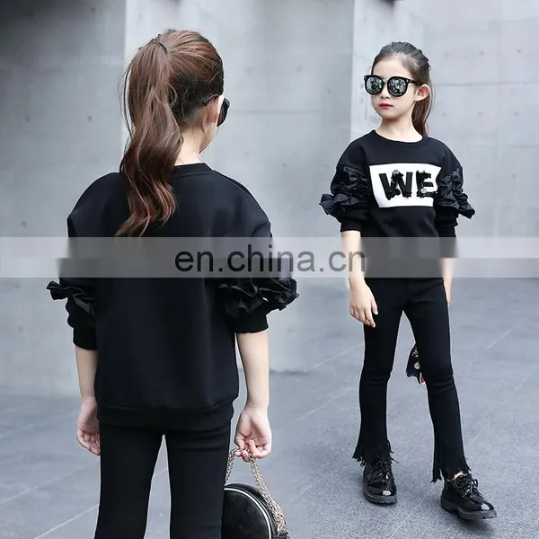 Teenager Girls White Sweater Long Sleeves Black Ruffle Sleeves Shirt for Fall Kids Girls Fashion Casual Top 5-9years photo-3