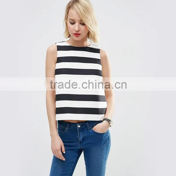 Stripe Fashion Lady Cutting Blouse Latest Tops Designs Girls