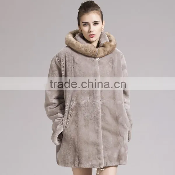 QD29281 Fashionable Europe Styles Raccoon Fur Collar Rex Rabbit Fur Coat For Sale photo-2