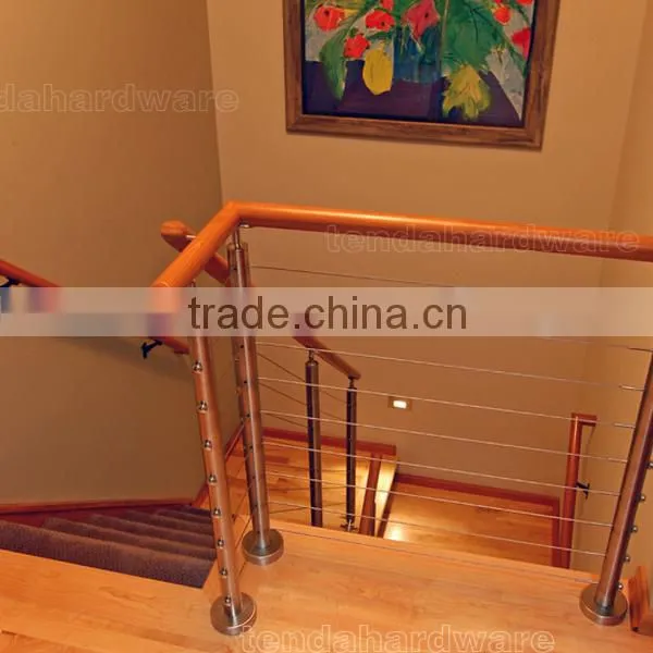 Prefabricated Stair Stainless Steel Cable Balustrades With Wood Handrail