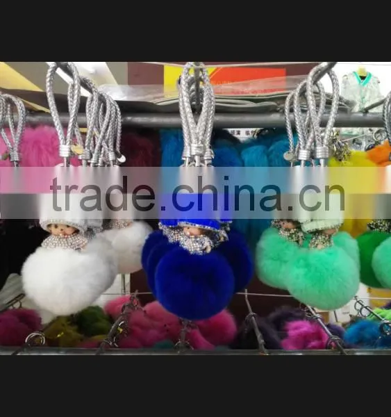 Hot Selling Rabbit Fur Accessories Monchhichi Leather Keychain Fur Pompoms photo-4