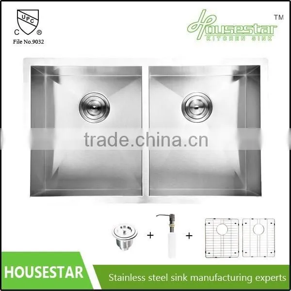 Factory Price Undermount Kitchen Sink Stainless Steel Handmade Double Bowl Kitchens Sink With Strainer and Colander R10-3219 photo-4