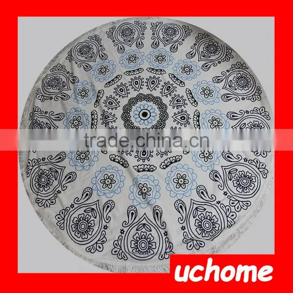 UCHOME High Quality Custom Beach Blanket Reactive Printed Circular 100% Cotton Tassel Beach Towel Round photo-3