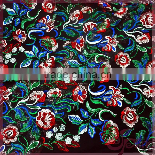 Colorful Flower Embroidered Tulle Lace Fabric, Elegant Shining Poly Mesh Embroidered Fabric photo-3
