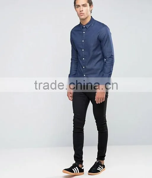 Guangzhou High Quality Custom Long Sleeve Spread Collar Mens Cotton Elastane Stretch Denim Casual Navy Solid Shirts photo-4
