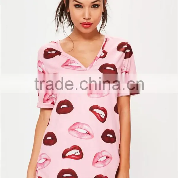 Custom Full Print Women Oversizes V Neck Pink Lip Print Nightshirt Roll Sleeve Causal Loose Sleepwear photo-3