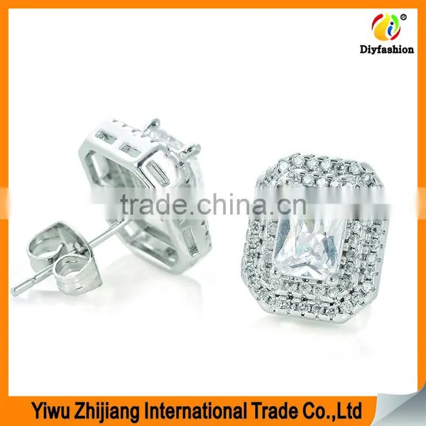 Double Row Diamond Rectangular Platinum Plating Zircon Stud Earring photo-4