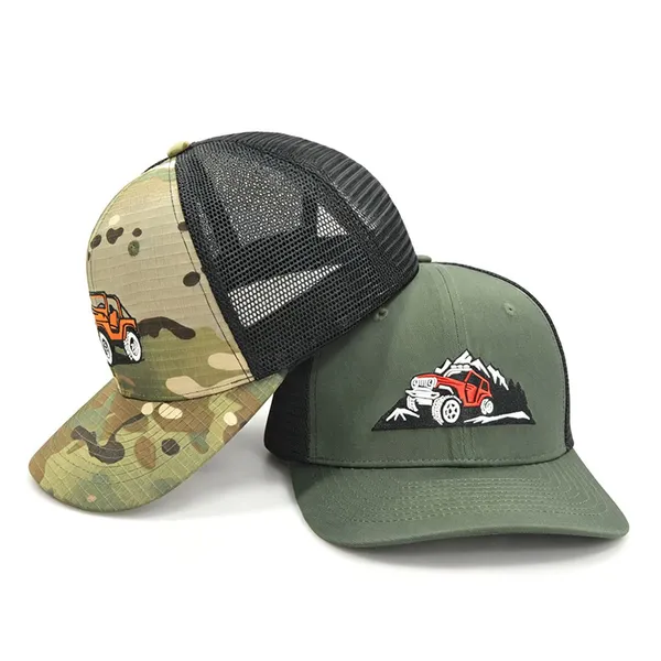 Outdoor Trucker Hats Custom Front Woven Patch Breathable Adventure Caps
