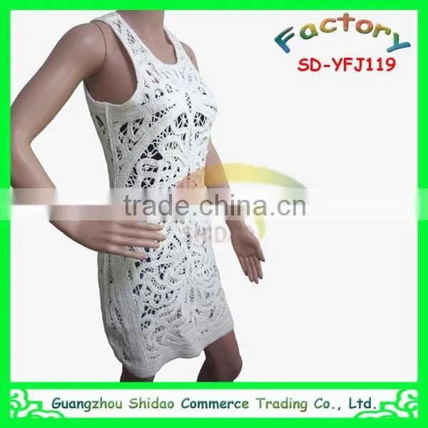 Slim Elegant Sleeveless White Cotton Crochet Openwork Lace Knee Length Embroidery Blouses photo-3
