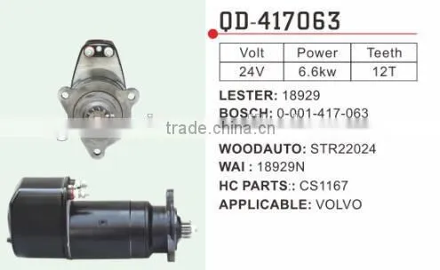 Volvo Starter Motor Lester 18929 Bosch 0-001-417-063 Woodauto STR22024 Wai 18929N CS1167