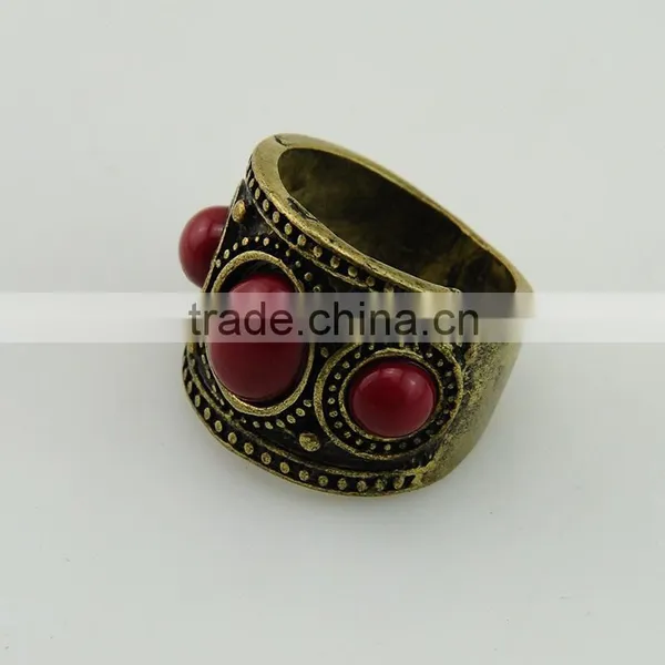 Fashion Nail Indian Style Wide Anti Brass Red Resin Gold Ring photo-2