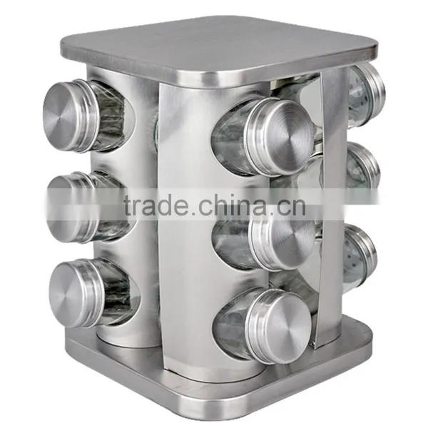 12 Jars Glass Condiment Kitchen Set Stainless Steel Revolving Spice Rack Set photo-2