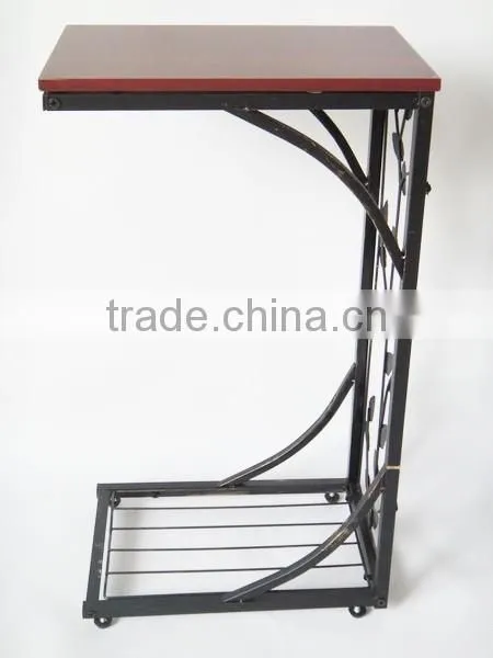 Metal and Wood Cherry Finish Decorative Vine Leaf Scroll Design Side Sofa End Table photo-2