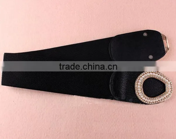 Wholesale Pearl and Rhinestone Inlaid Buckle Sex Women Lady Wide PU Waist Belt photo-6