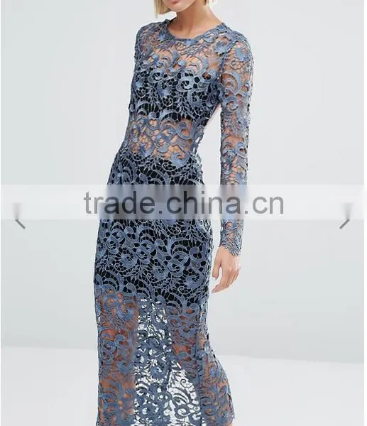 Good Quality Fashion Petrol Blue Bandeau Underlay Kick Split Lace Open Back Dress photo-2