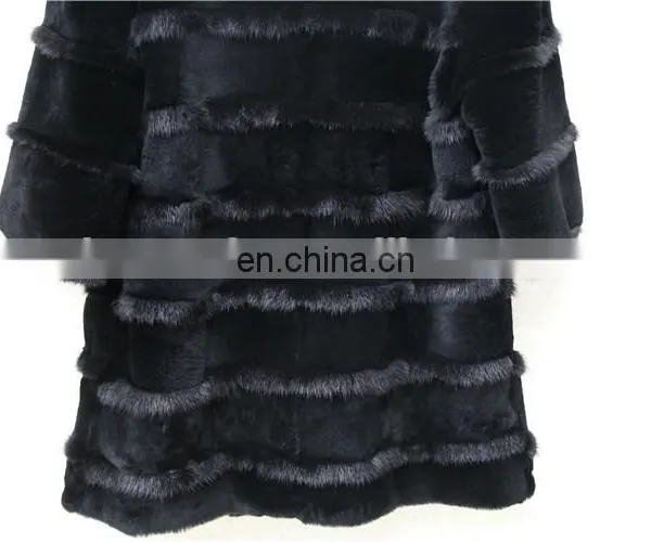 Factory Price Black Rex Rabbit Fur Coat / Rex Rabbit Fur Jacket Clothing With Mink Fur Piping photo-3