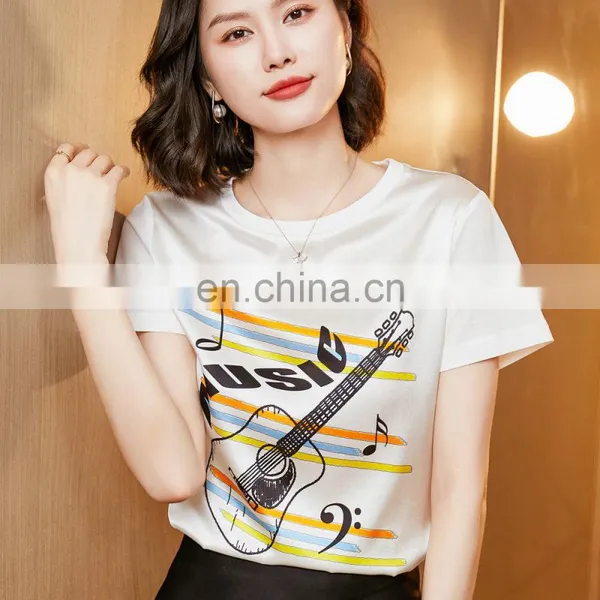 Women Fashion Loose Short Sleeve Summer Print Mulberry Silk Cotton T Shirts photo-3