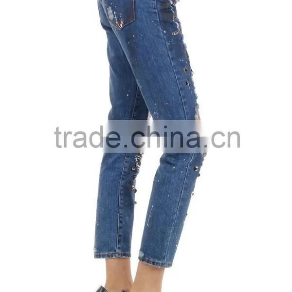 Women New Blu Destroyed Denim Embroidered Jeans Pants Trousers photo-3