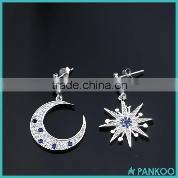 925 Sterling Silver Star And Moon Micro Pave Zircon Asymmetrical Dangle Earrings,Fashion Long Fancy CZ Stud Earring