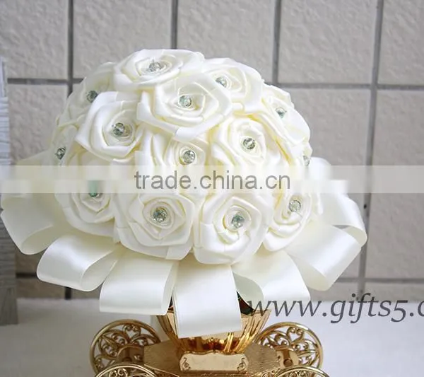 White Handmade Satin Rose Wedding Bouquet With Crystal photo-2