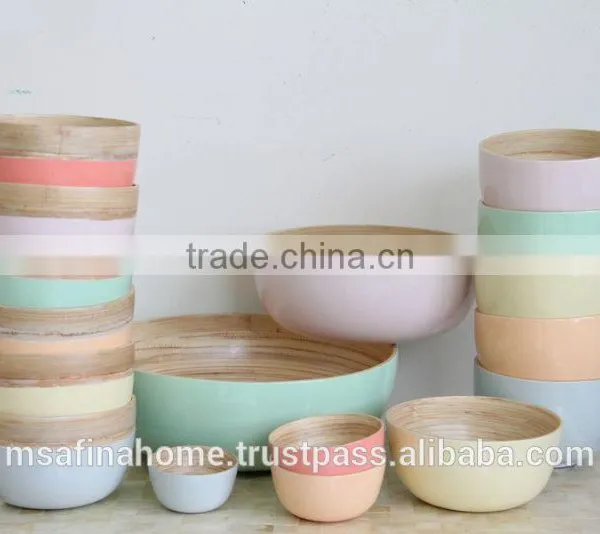 Set of 2 Round Colored Lacquer Bamboo Salad Bowls photo-2