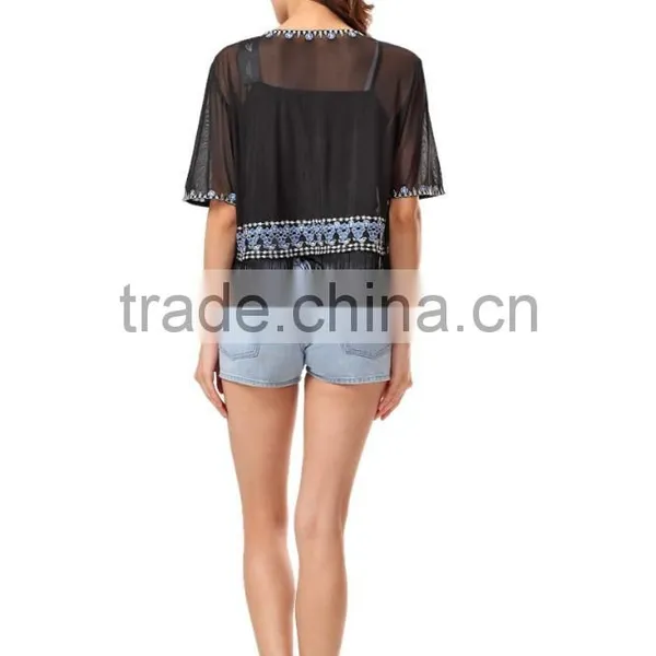 New Fashion Short Sleeve Embroidery Tassel Women Top photo-4