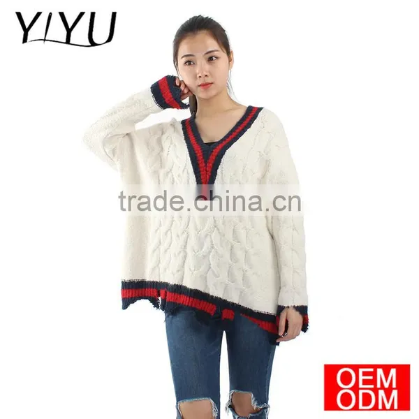 Trendy Custom School Unifrom Women V-neck Asymmetric Hem Cable Knit Sweater