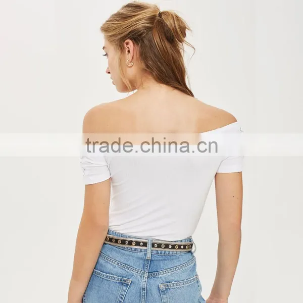 Drawstring Eyelet Ribbed Top Bardot Neckline off Shoulder Bodysuit photo-2