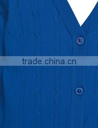 Latest! High Quality Bright Blue Button Through V-Neck Girls Long Sweater With Ribbed Trim photo-4