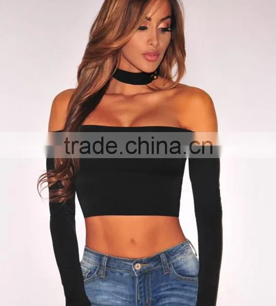 Women Custom Black Solid Sexy Tops Boat Neck T-shirt photo-3