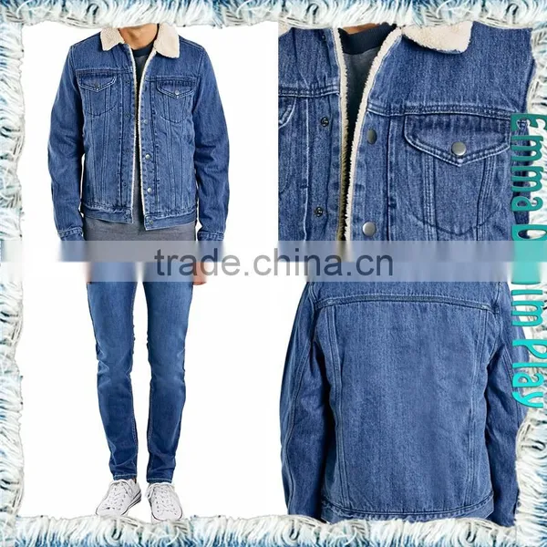 Cool Design Vintage Mens Fur Collar Short Fleece Lining Blue Denim Jackets photo-5