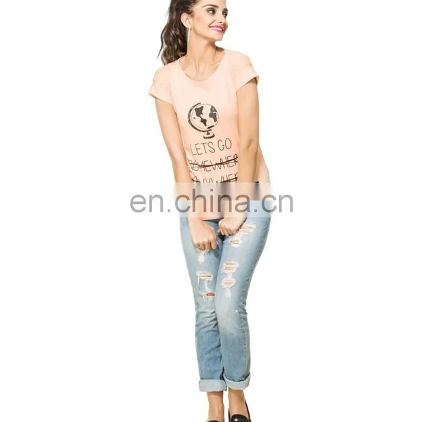 2015 Factory Direct Price Wholesale 100% Cotton Go Everywhere Graphic Peach T-shirt photo-3