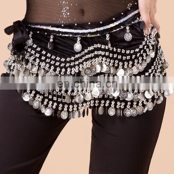 Y-2005 Indian 256 Silver Coins Performance Velvet Belly Dance Hip Scarf With Multy Color photo-4