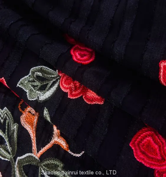 Chinese Red Rose Velvet Satin Embroidery Lace Fabric for Wedding Dress photo-2