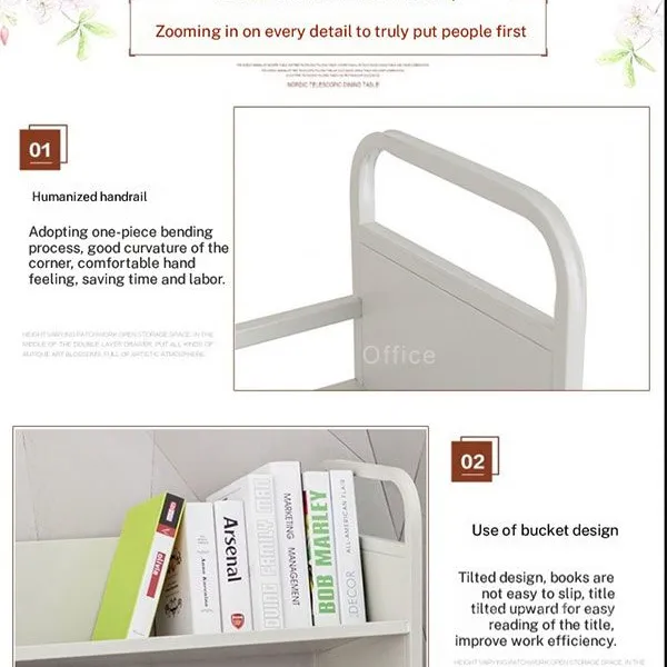 HN-VC03 Professional Heavy Duty Steel Library Book Cart | Factory Silent V-Shaped Rolling Trolley Manufacturer | With Thickened Tubing photo-4