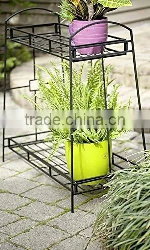 Plant Stand With Contemporary Tray Design and 2-Tier, Black photo-5