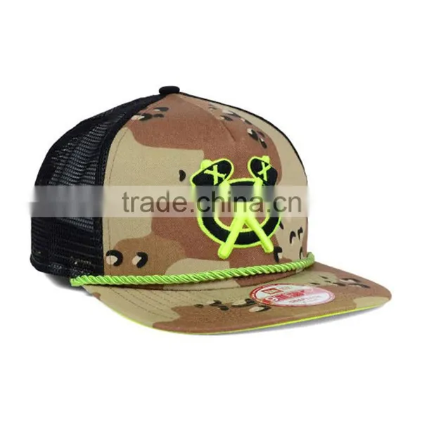 Wholesale Custom Cheap Neon Green Fashion 100% Cotton 3D Embroidery Mesh Trucker Cap With Rope photo-2