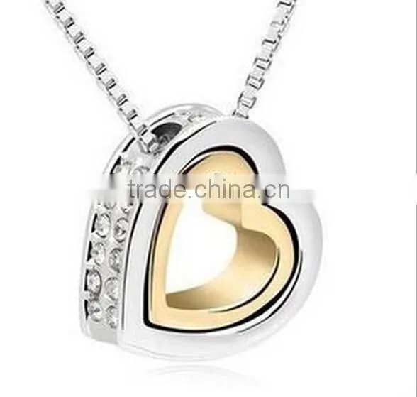 Womens 2016 YIWU IN STOCK Fashion Silver Plated Girlfriend Jewelry Charm Heart Crystal Pendant Chain Necklace Quality Choice photo-3