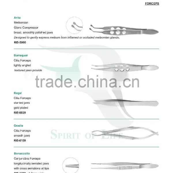 Arita Meibomian Gland Compressor, Barraquer Cilia Forceps, Regal Cilia Forceps Slanted Jaws, Gradle Cilia Forceps Smooth Jaws