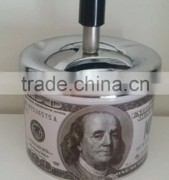 4.5" Round Push Down Ashtray With Spinning Tray New 50 & 100 Dollar Bill photo-2