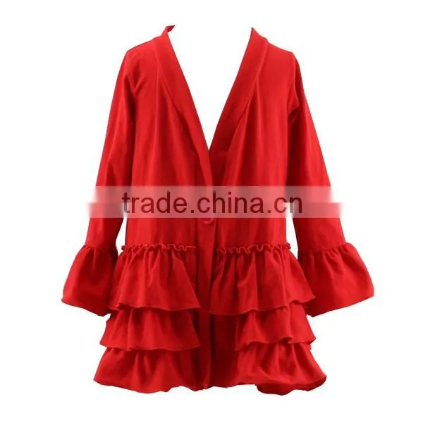 Wholesale Kid Children Girls Solid Red Ruffle Hem Jacket / Girls Coat With Hood