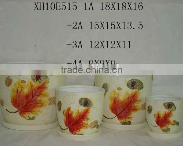 Round Ceramic Flower Pots With Leaf Design